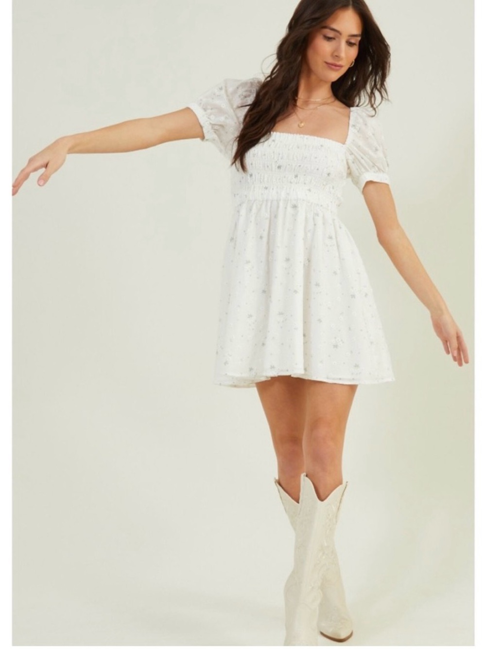 Rewind White Smocked Square-Neck Mini Dress